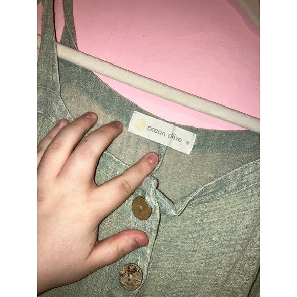 Ocean Drive Sage Green Tie Strap Button Front Cotton Romper Size M - Picture 2 of 6